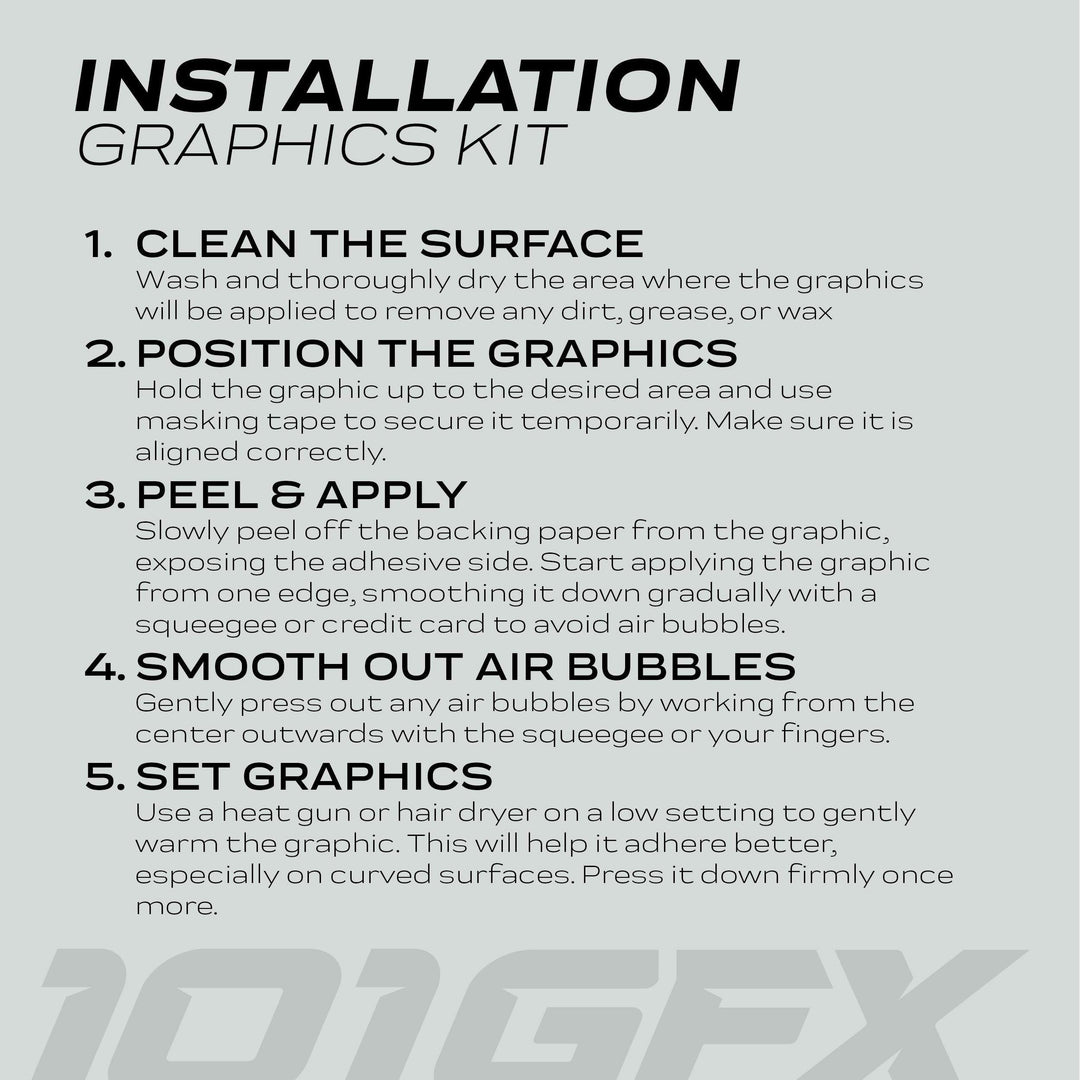 Instruction sheet for Can-Am OUTLANDER Graphics Kit SPLAT CAMO Grey, detailing five installation steps for applying vehicle adhesive graphics, including surface prep and bubble smoothing.