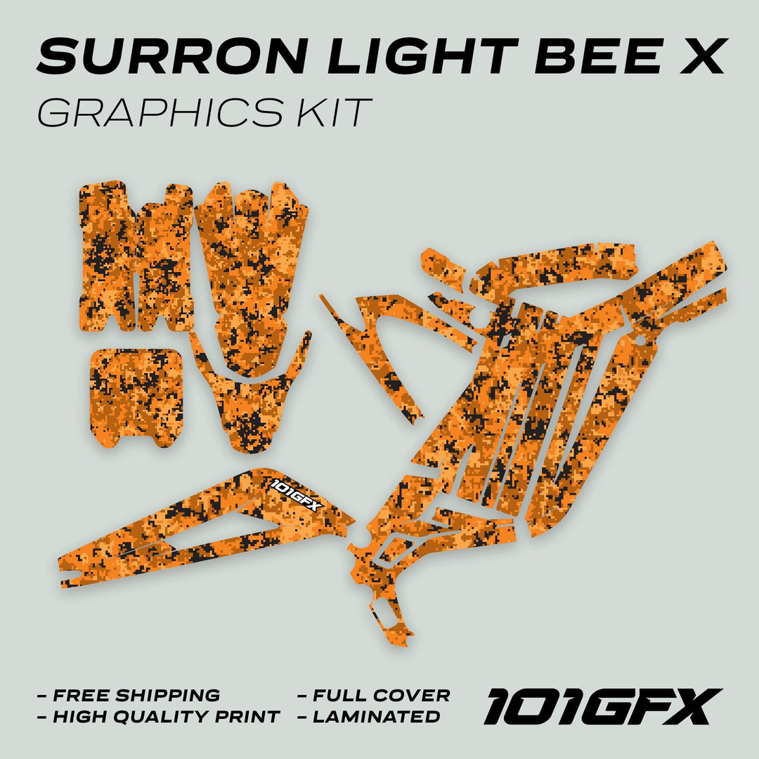 Surron Light Bee X Graphics Kit SQUARE TEK Orange, displaying full-coverage orange-digital-camo vinyl decals, highlighting free shipping, high quality print, full cover, and laminated.