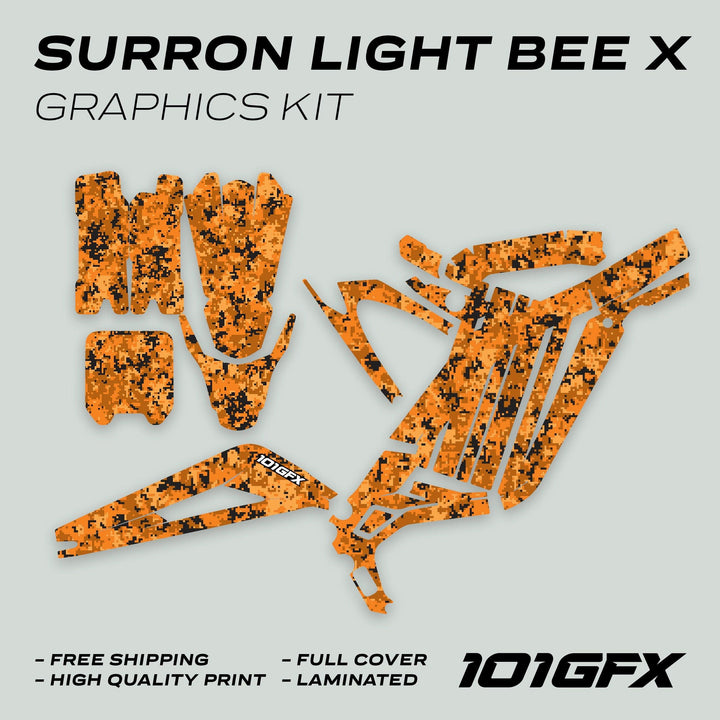 Surron Light Bee X Graphics Kit SQUARE TEK Orange, displaying full-coverage orange-digital-camo vinyl decals, highlighting free shipping, high quality print, full cover, and laminated.