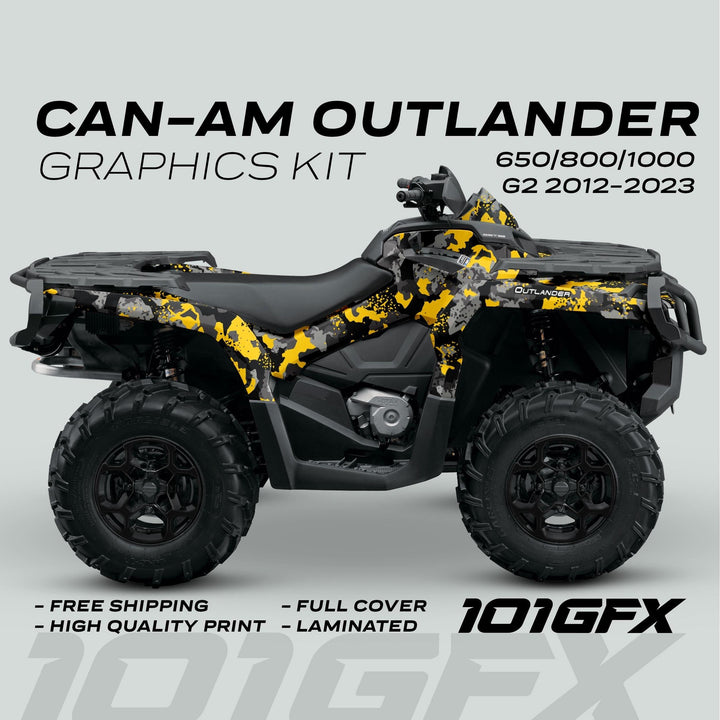 Can-Am OUTLANDER Graphics Kit SPLAT CAMO Yellow on an ATV, showcasing a black/gray/yellow splatter-camo design with text highlighting free shipping and quality features.