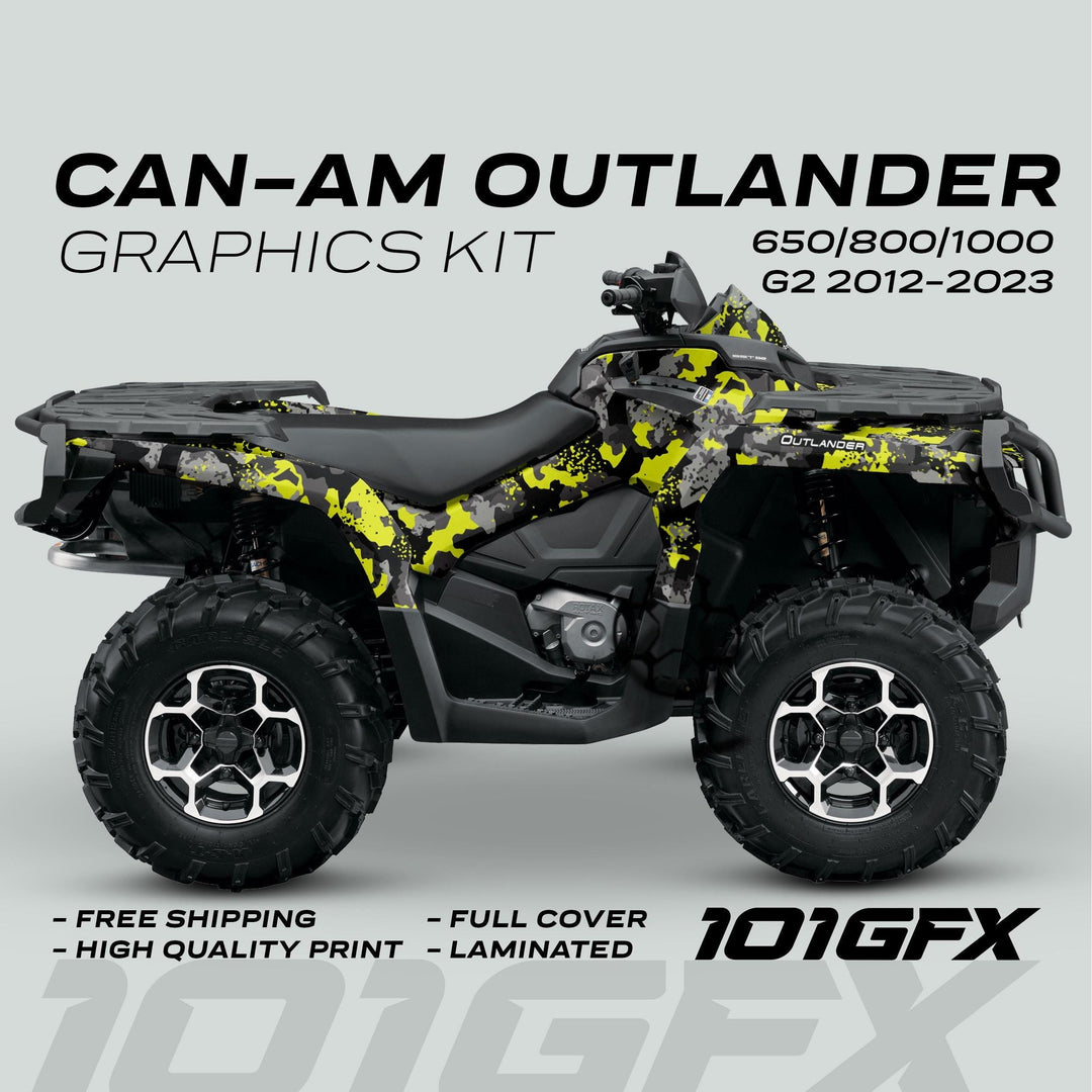 CAN-AM Outlander ATV with SPLAT CAMO Green graphics kit, featuring yellow, gray, and black splatter pattern, highlighting full coverage and durability for 2012–2023 models.