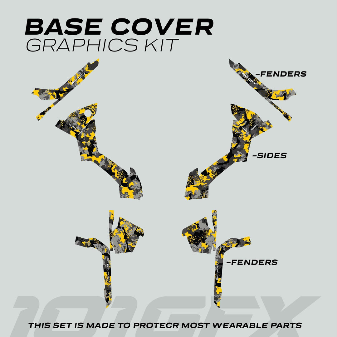 Can-Am OUTLANDER Graphics Kit SPLAT CAMO Yellow, featuring labeled vinyl decals in camo pattern for fenders and panels, designed for protection and style.