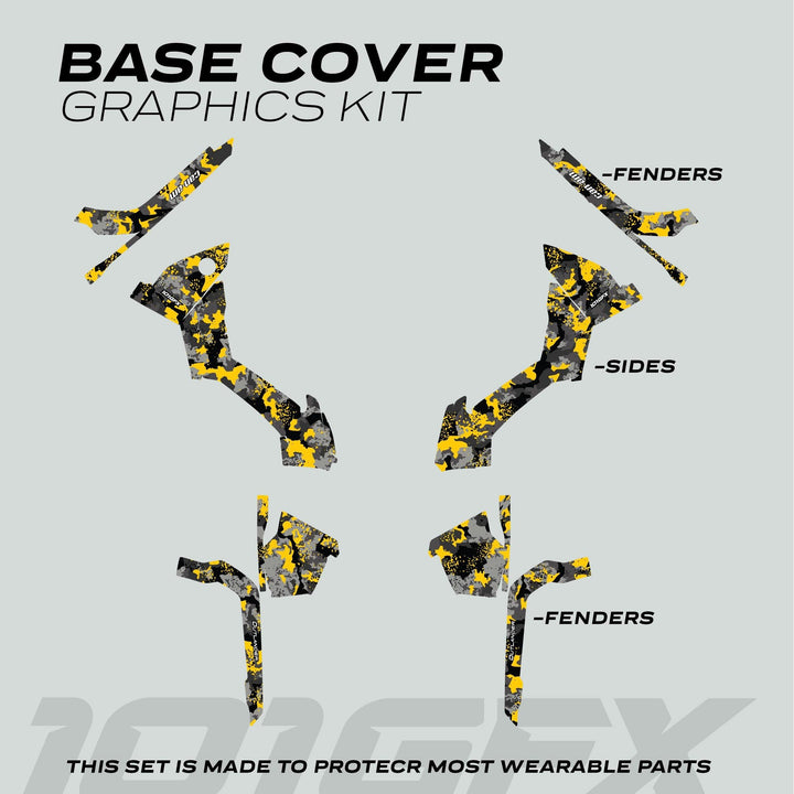 Can-Am OUTLANDER Graphics Kit SPLAT CAMO Yellow, featuring labeled vinyl decals in camo pattern for fenders and panels, designed for protection and style.