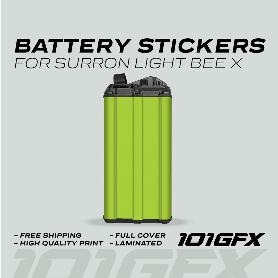 Surron Light Bee X Battery Stickers SOLID Green displayed on a battery, highlighting features like durability, easy application, and perfect fit for bike customization.