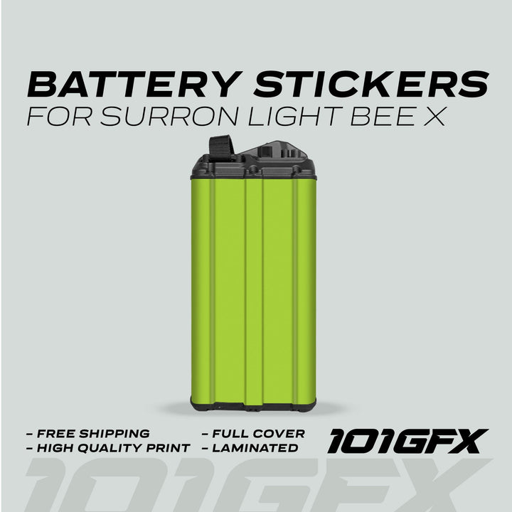 Surron Light Bee X Battery Stickers SOLID Green displayed on a battery, highlighting features like durability, easy application, and perfect fit for bike customization.