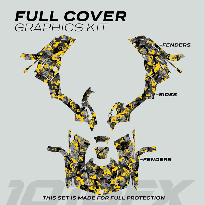 Can-Am OUTLANDER Graphics Kit SPLAT CAMO Yellow with labeled fender and side decals in splatter camouflage pattern for full vehicle protection and style enhancement.