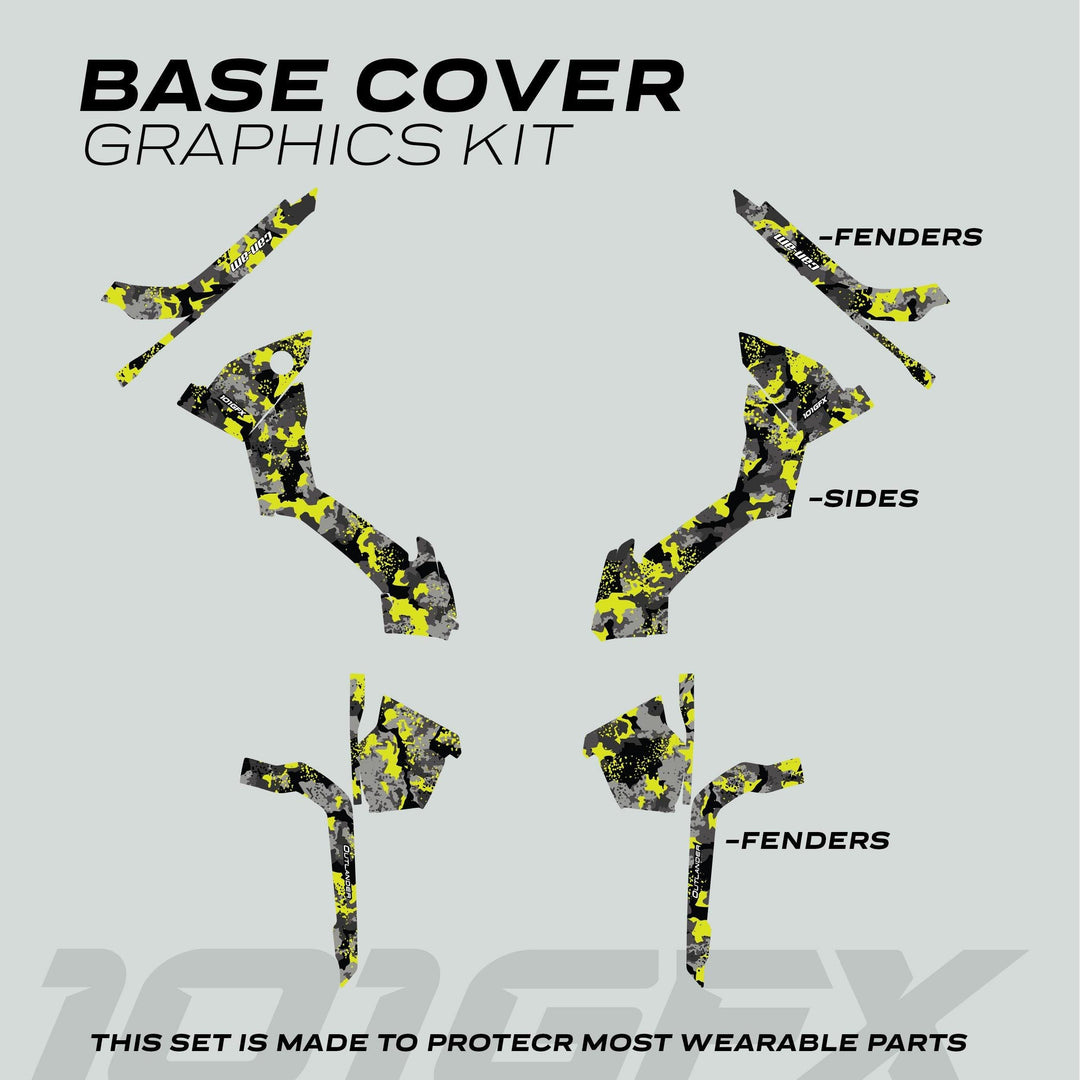 Can-Am OUTLANDER Graphics Kit SPLAT CAMO Green mock-up, showing labeled vinyl pieces for fenders and side panels in a camo pattern, designed for protection.