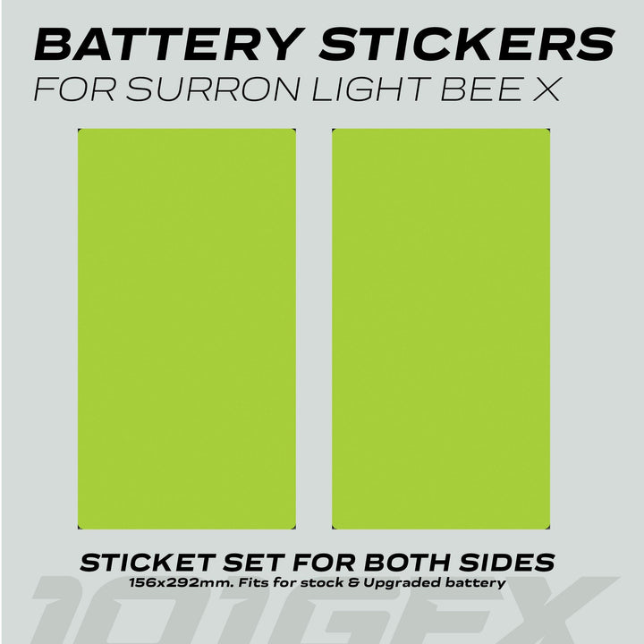 Surron Light Bee X Battery Stickers SOLID Green, two lime-green decals for both sides, fit stock and upgraded battery packs, enhancing electric bike aesthetics.