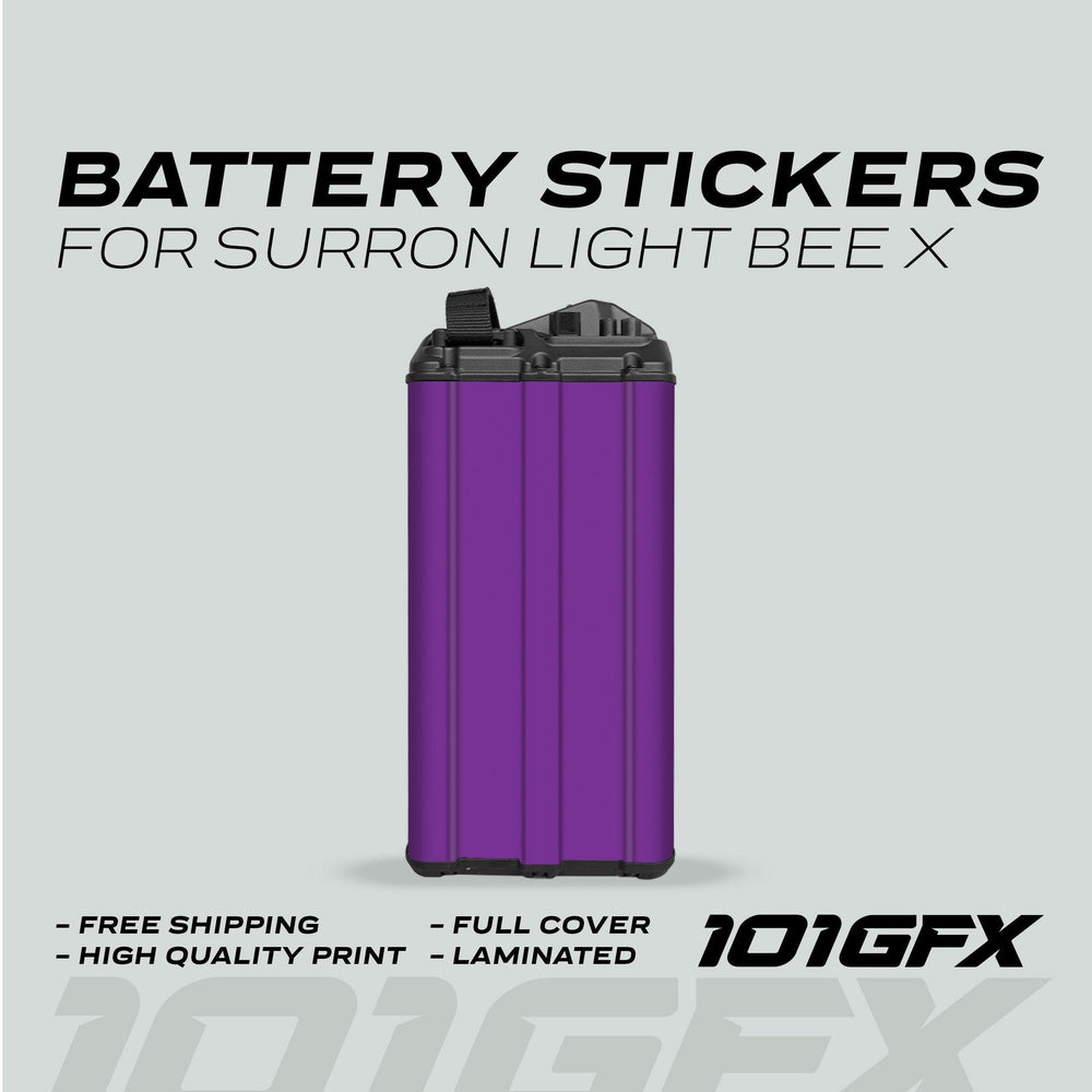 Surron Light Bee X Battery Stickers SOLID Purple displayed on bike, highlighting custom fit, vivid color, durability, and easy application with 101GFX branding.