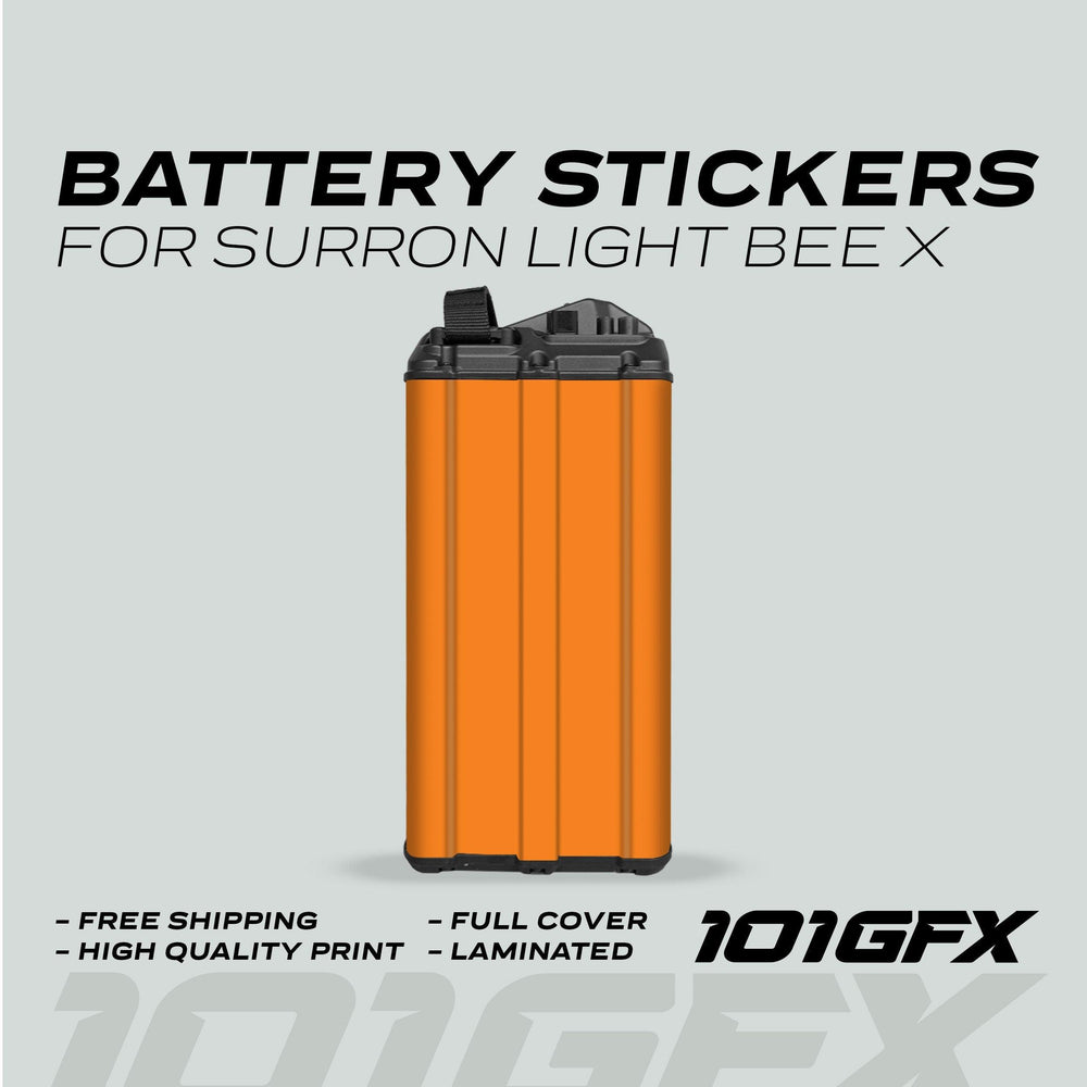 Sur-Ron Light Bee X Battery Stickers SOLID Orange wrap displayed with benefits: free shipping, high-quality print, full cover, laminated, by 101GFX.