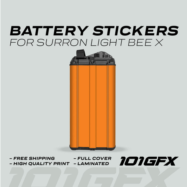 Sur-Ron Light Bee X Battery Stickers SOLID Orange wrap displayed with benefits: free shipping, high-quality print, full cover, laminated, by 101GFX.