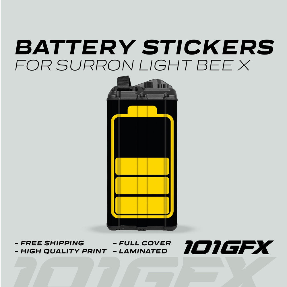 Surron Light Bee X Battery Stickers ICON HALF with yellow charge icon; highlights include free shipping, full-cover design, high-quality print, and 101GFX logo.
