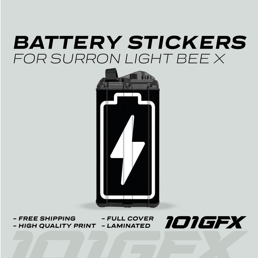Surron Light Bee X Battery Stickers ICON BOLT featuring a black decal with a white outline and lightning bolt. Highlights: free shipping, high-quality print, full cover, laminated.