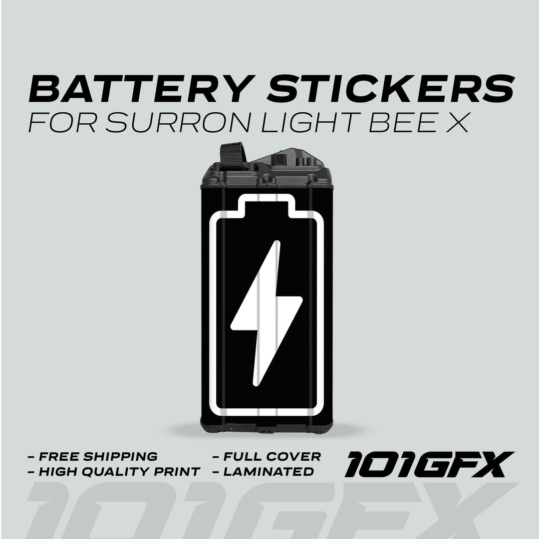 Surron Light Bee X Battery Stickers ICON BOLT featuring a black decal with a white outline and lightning bolt. Highlights: free shipping, high-quality print, full cover, laminated.