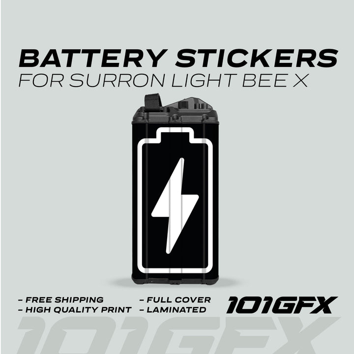 Surron Light Bee X Battery Stickers ICON BOLT featuring a black decal with a white outline and lightning bolt. Highlights: free shipping, high-quality print, full cover, laminated.