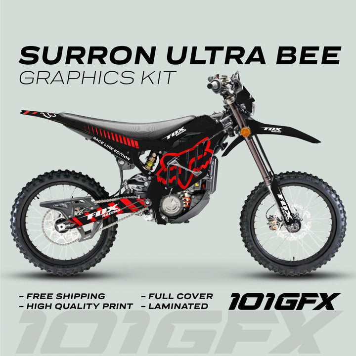 Surron Ultra Bee Graphics Kit FOX RACE LINE Black Red shown on bike with knobby tires, Fox logos, and red striping, highlighting durability and full coverage.