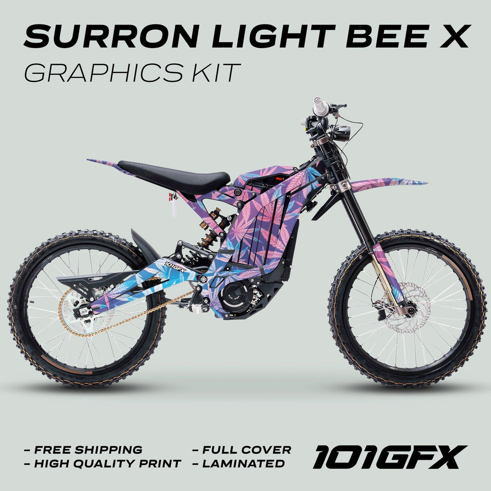 Custom Surron Light Bee X Graphics Kit 420 CANNABIS Glow, featuring a full colorful leaf-patterned vinyl wrap, enhancing style and visibility. Includes free shipping and easy installation.