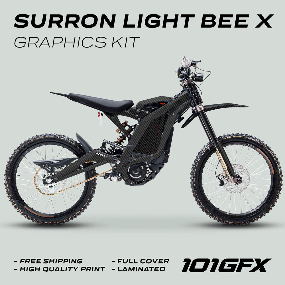 Surron Light Bee X Graphics Kit CARBON ORIGINAL on bike, showcasing carbon-fiber decals with features like free shipping, high-quality print, full cover, laminated.