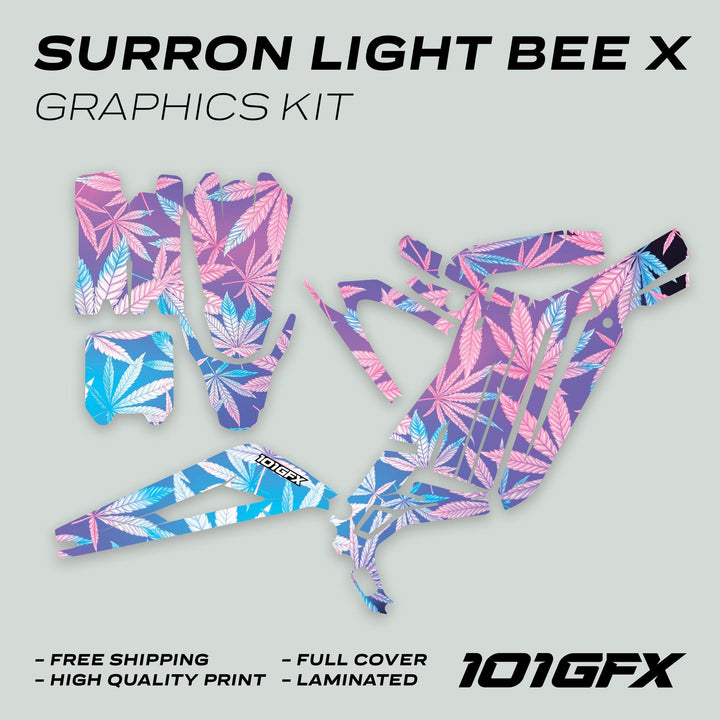 Surron Light Bee X Graphics Kit 420 CANNABIS Glow, featuring pre-cut vinyl decals with pastel leaf motifs, offers full coverage and durability for electric dirt bikes.