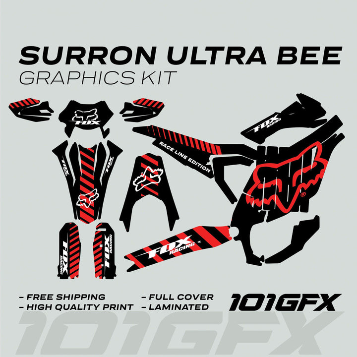 Surron Ultra Bee Graphics Kit FOX RACE LINE Black Red with Fox Racing logos, includes vinyl pieces for full bike coverage, promoting durability and easy application.