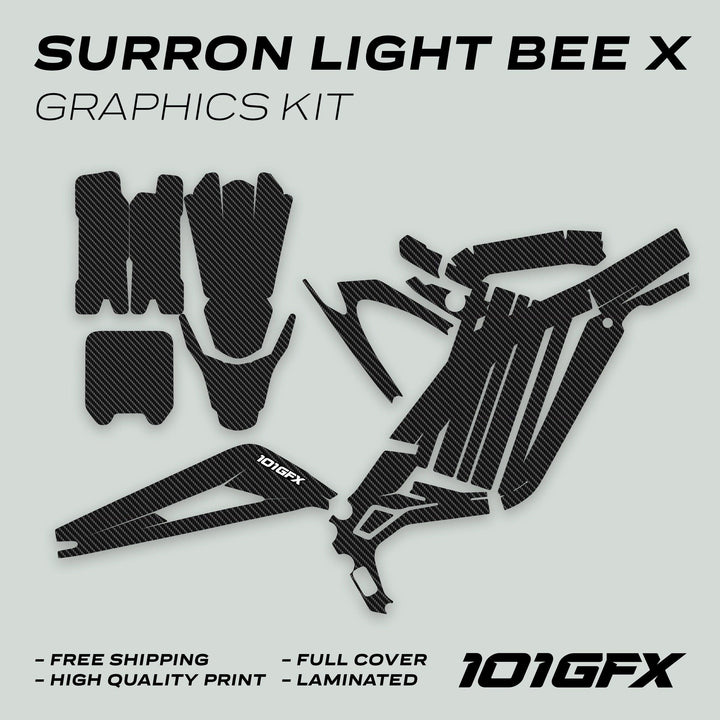 Surron Light Bee X Graphics Kit CARBON ORIGINAL, featuring carbon-fiber–pattern vinyl decals, pre-cut for easy application, enhancing aesthetics and protection for your bike.
