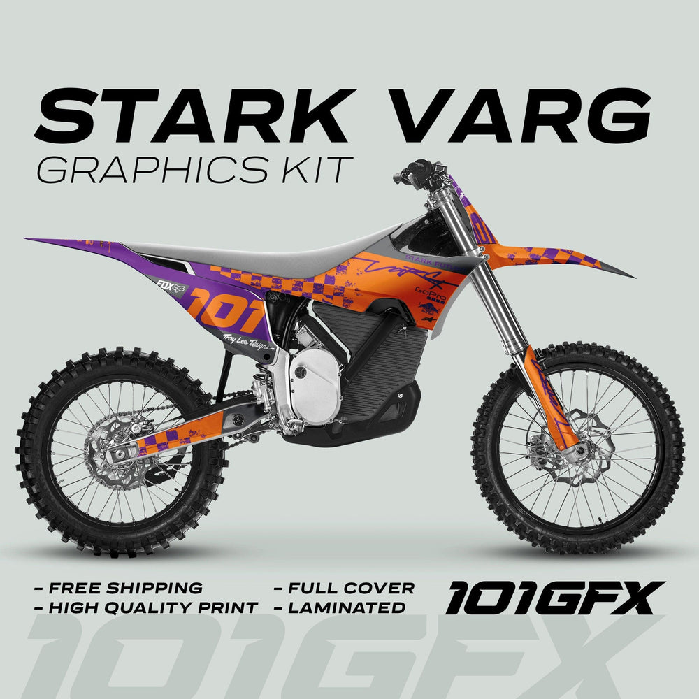 Stark Varg Graphics Kit on a dirt bike, featuring vibrant orange and purple decals, highlighted by features like free shipping, high-quality print, and laminated finish.