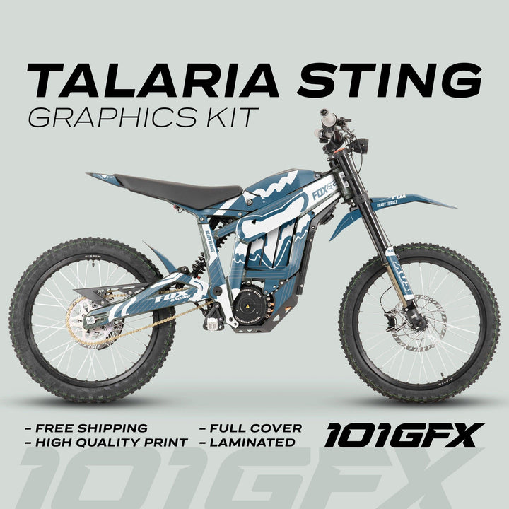 Talaria Sting MX3 MX4 Graphics Kit FOX STRIPES Grey White on electric motorcycle with blue-and-white Fox Racing decals; features include full coverage, laminated finish, and free shipping.