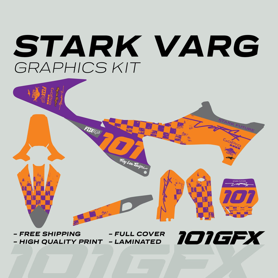 Stark Varg Graphics Kit RACE PURPLE Orange Decals Stickers with checkerboard design, featuring sponsor logos and callouts for free shipping, high quality, and durability.