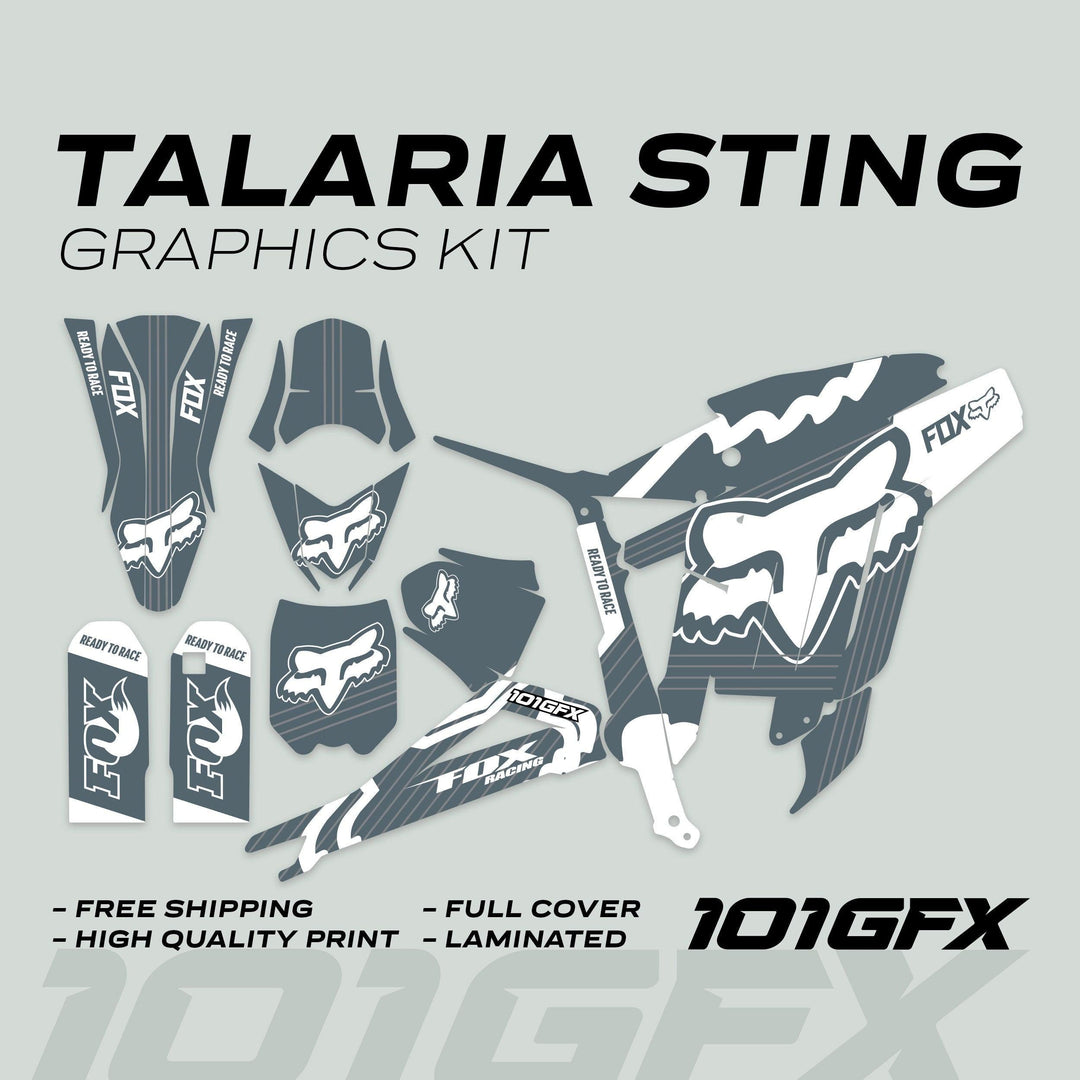 Talaria Sting MX3 MX4 Graphics Kit FOX STRIPES Grey White kit, showcasing individual vinyl decals with Fox logos, grey-white stripes, promoting durability and easy application.