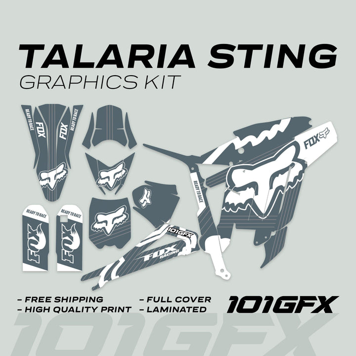 Talaria Sting MX3 MX4 Graphics Kit FOX STRIPES Grey White kit, showcasing individual vinyl decals with Fox logos, grey-white stripes, promoting durability and easy application.