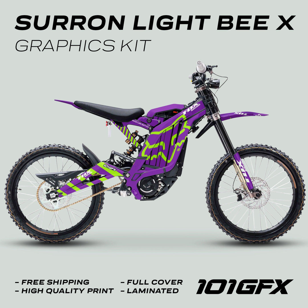 Surron Light Bee X Graphics Kit FOX RACE LINE Purple Green displayed on a bike, highlighting its sleek design, free shipping, and durable, high-quality finish.
