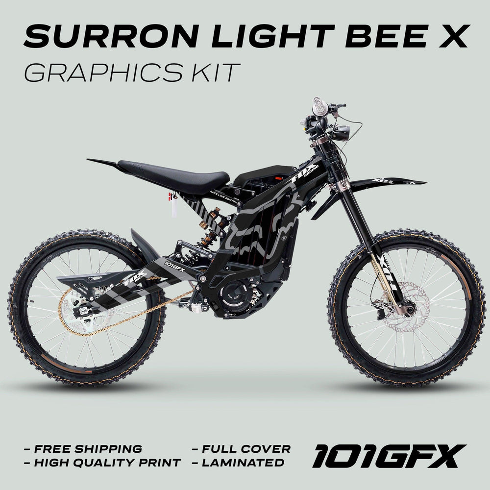 Surron Light Bee X Graphics Kit FOX RACE LINE Black Grey displayed on an electric dirt-bike, showcasing camo decals, free shipping, and high-quality, laminated, full-cover features.