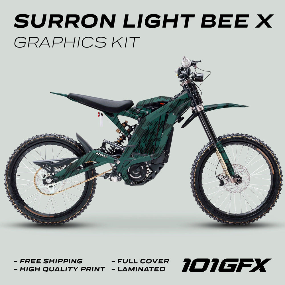Surron Light Bee X Graphics Kit HEXOCAM AVENTUR on a dark-green electric dirt-bike, featuring a honeycomb wrap. Highlighted: free shipping, high quality, full cover, laminated.