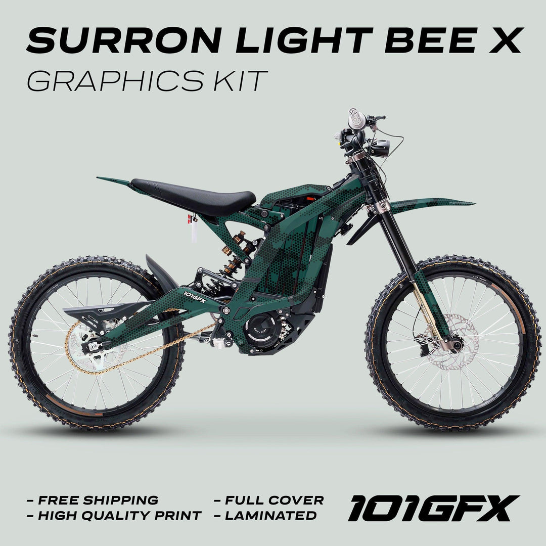 Surron Light Bee X Graphics Kit HEXOCAM AVENTUR on a dark-green electric dirt-bike, featuring a honeycomb wrap. Highlighted: free shipping, high quality, full cover, laminated.