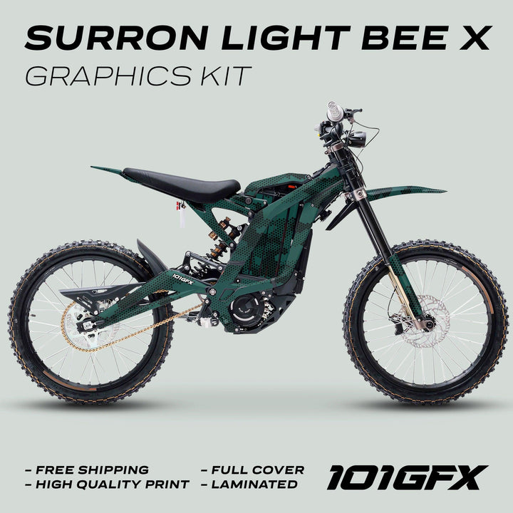 Surron Light Bee X Graphics Kit HEXOCAM AVENTUR on a dark-green electric dirt-bike, featuring a honeycomb wrap. Highlighted: free shipping, high quality, full cover, laminated.