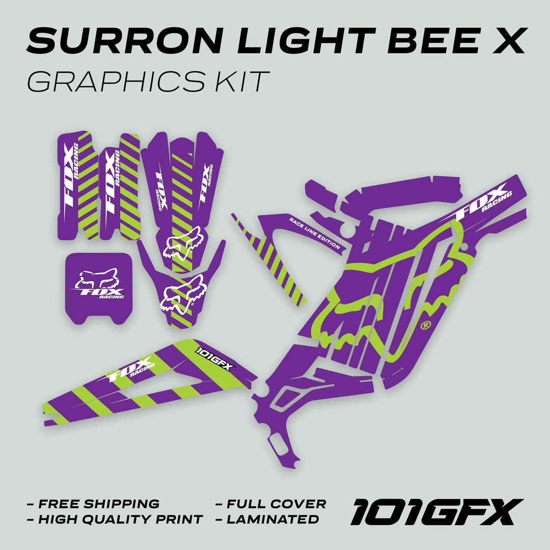 Surron Light Bee X Graphics Kit FOX RACE LINE Purple Green displayed with decal pieces and features like free shipping, laminated finish, and easy installation.