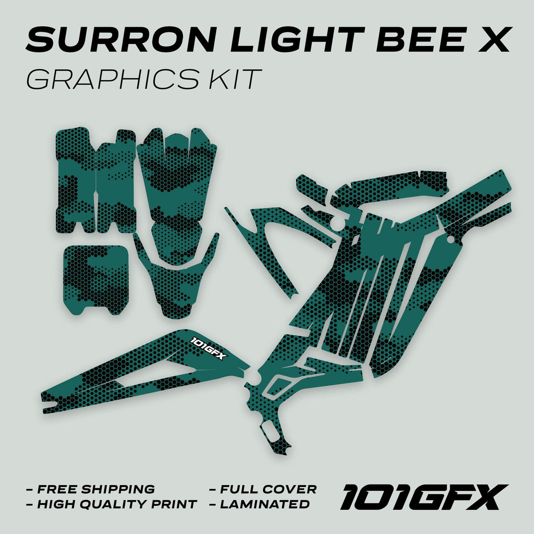 Surron Light Bee X Graphics Kit HEXOCAM AVENTUR, featuring teal/black hex-dot decals for fenders, panels, and more, enhancing bike style and protection.