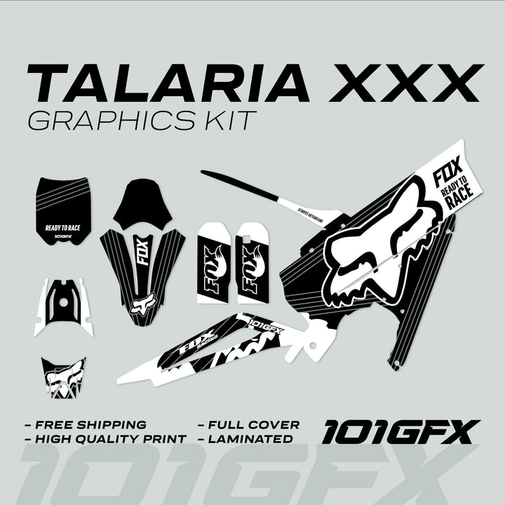 Talaria XXX Graphics Kit FOX STRIPES Black White: Black-and-white vinyl decals for Talaria bikes, featuring FOX branding, enhancing aesthetics and protection with easy installation.