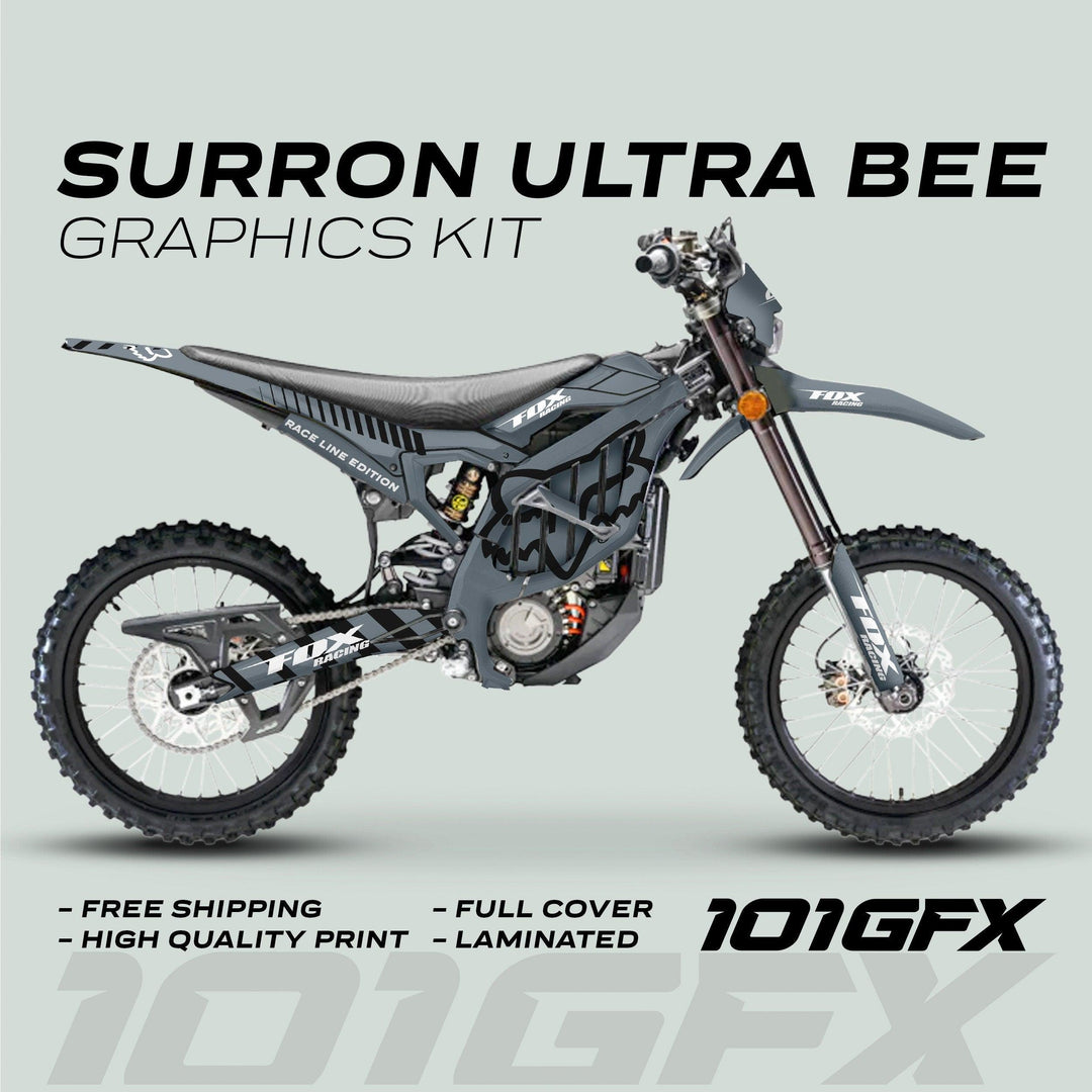 Sur-Ron Ultra Bee electric dirt bike with custom “Race Line Edition” graphics kit, highlighting free shipping and high-quality laminated print by 101GFX.