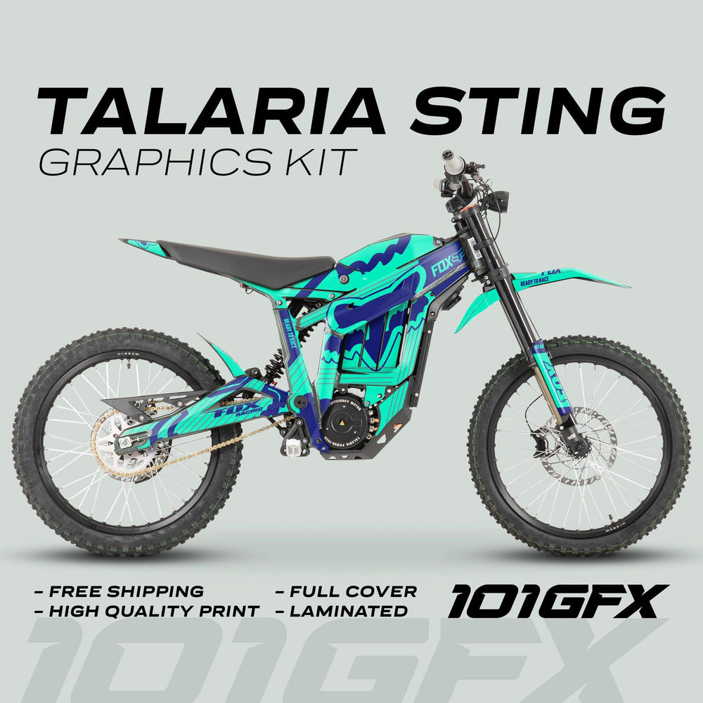 Talaria Sting MX3 MX4 Graphics Kit FOX STRIPES Mint Navy displayed on an e-dirt bike, showcasing teal-blue decals with FOX branding, emphasizing durable, vibrant customization.