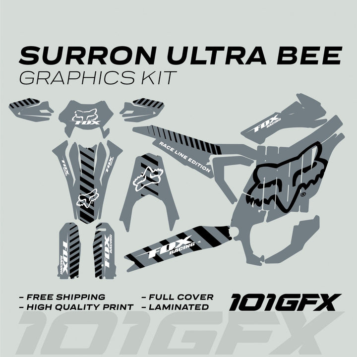 Surron Ultra Bee Graphics Kit FOX RACE LINE Grey Black decals laid out, featuring body-panel stickers, Fox Racing logos, and Race Line Edition stripe for electric dirt bike customization.