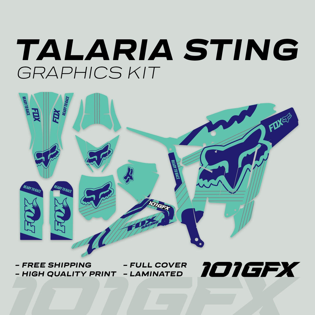 Talaria Sting MX3 MX4 Graphics Kit FOX STRIPES Mint Navy, showcasing pre-cut decals for bike components, featuring Talaria and FOX branding, designed for a custom fit.