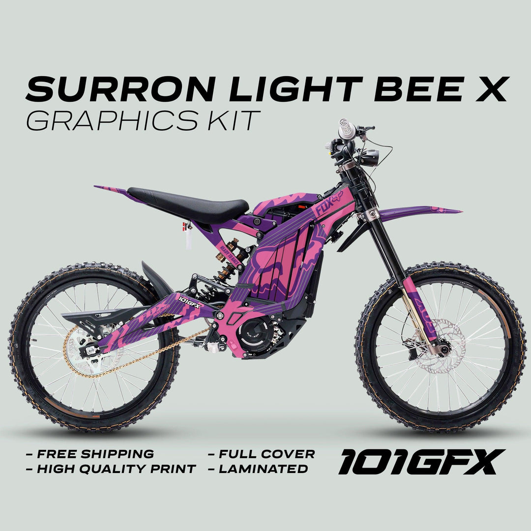 Sur-Ron Light Bee X wrapped in a purple/pink camo graphics kit by 101GFX, featuring Fox Stripes design, highlighting durability, high-quality print, and easy installation.
