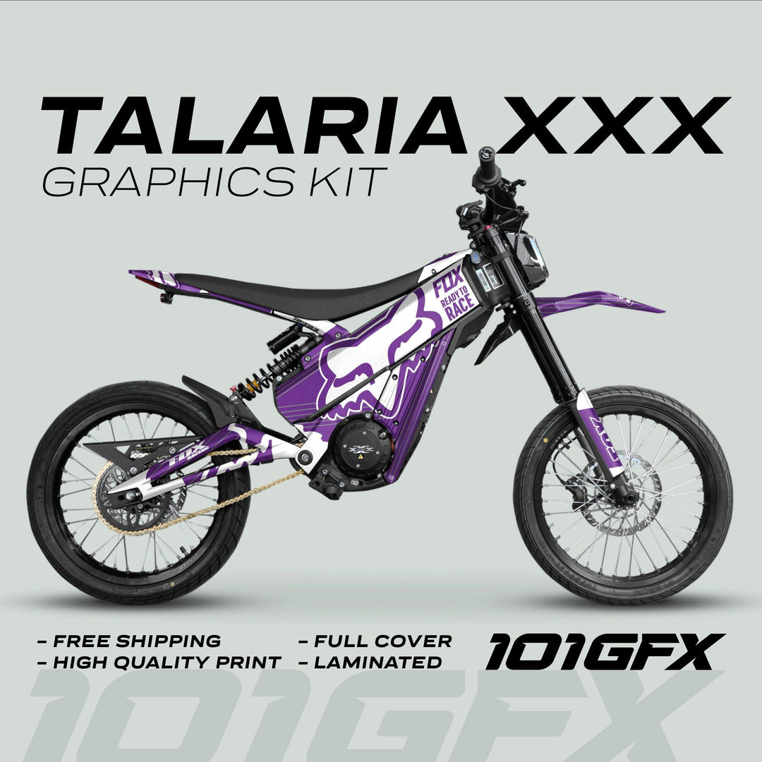 Talaria XXX Graphics Kit FOX STRIPES Purple White on electric dirt bike; features Fox logo, full coverage, premium quality, easy installation, and free shipping.