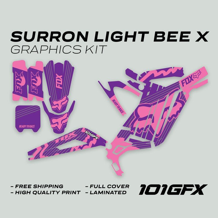 Surron Light Bee X Graphics Kit FOX STRIPES PURPLE Pink displayed with vinyl decals for frame, battery, and fork, highlighting free shipping and high-quality print features.