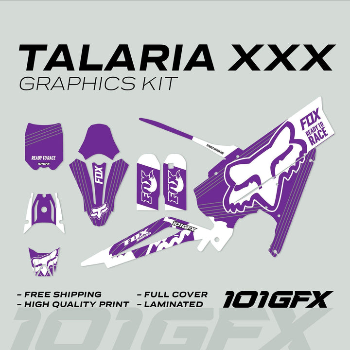 Talaria XXX Graphics Kit FOX STRIPES Purple White, featuring decals for various bike parts with FOX Racing logos, highlighted benefits: free shipping, high-quality print, laminated.