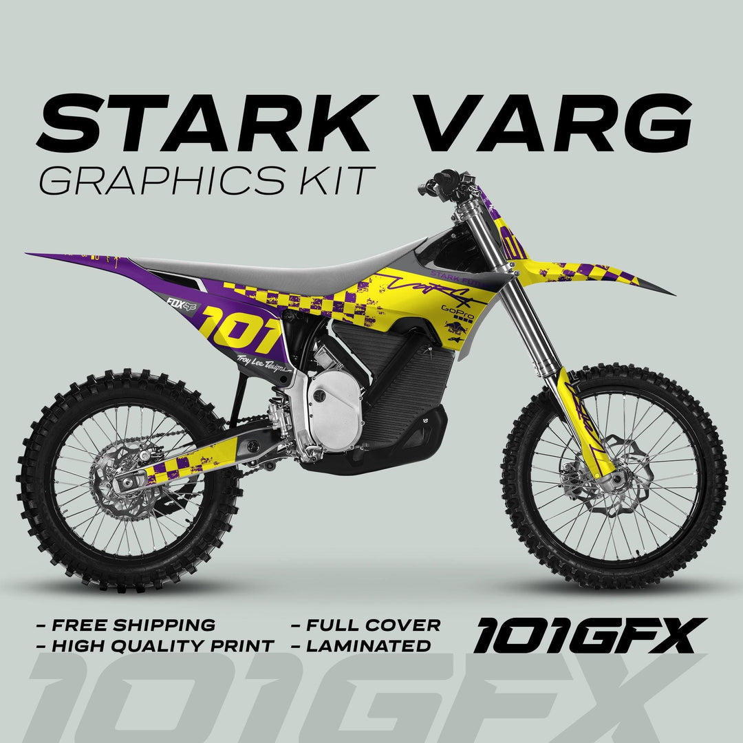 Stark Varg Graphics Kit RACE PURPLE Yellow Decals Stickers on a dirt bike, showcasing vibrant livery, race number 101, and key selling points.