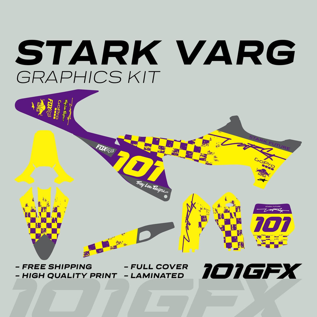 Stark Varg Graphics Kit RACE PURPLE Yellow Decals Stickers featuring distressed checkerboard design, race number 101, sponsor logos, and Stark Future branding, tailored for motocross bikes.