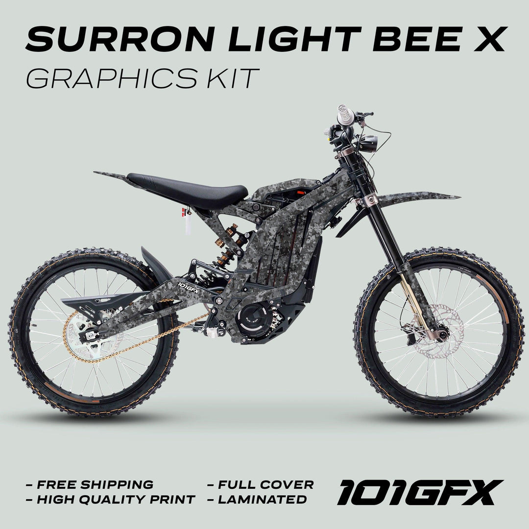 Surron Light Bee X Graphics Kit SQUARE TEK grey displayed on an electric dirt bike, featuring full camouflage coverage, promoting free shipping and high-quality laminated protection.