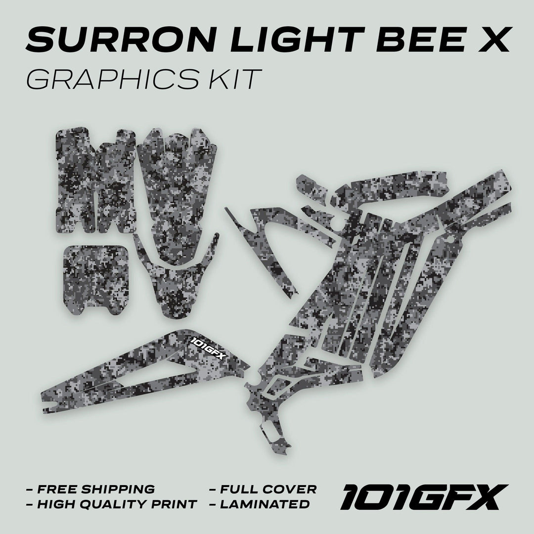 Surron Light Bee X Graphics Kit SQUARE TEK grey, digital-camo decals laid out, showcasing full coverage for bike customization, featuring high-quality, laminated protection and easy application.